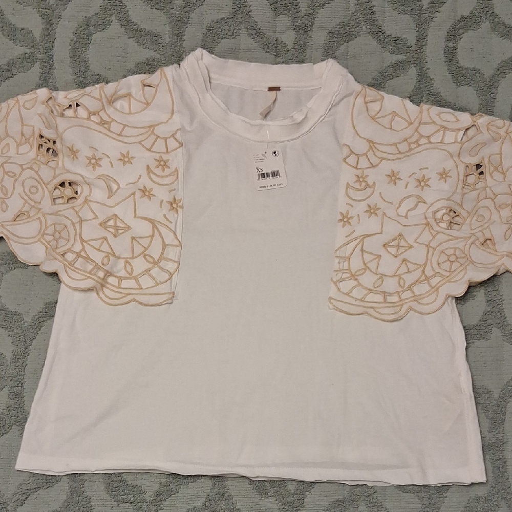 Free People Ivory Blouse with Gold Embroidery